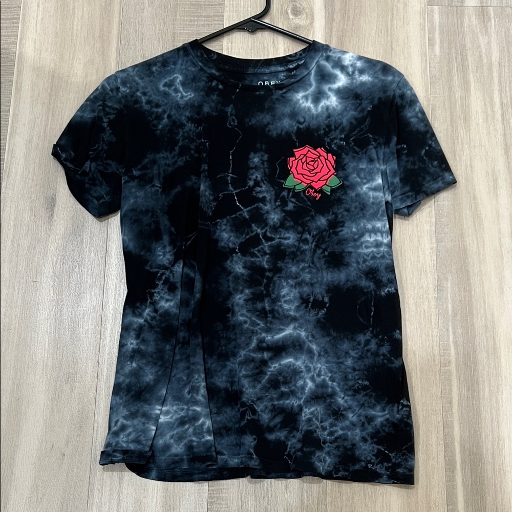Obey Black and Gray Tie-Dye Top with Red Rose